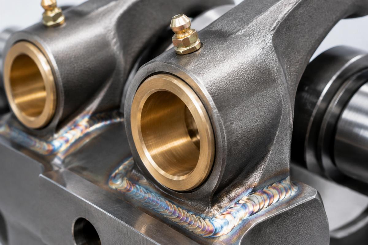 Close-up of greaseable bronze rocker bushings and TIG-welded construction