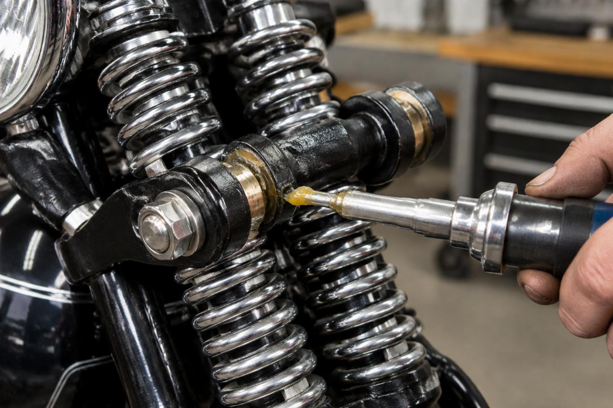 Close-up of greasing rocker bushings on a springer fork