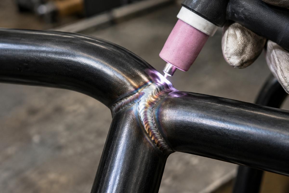 Close up of hand TIG welded joint on black steel tubing handlebars