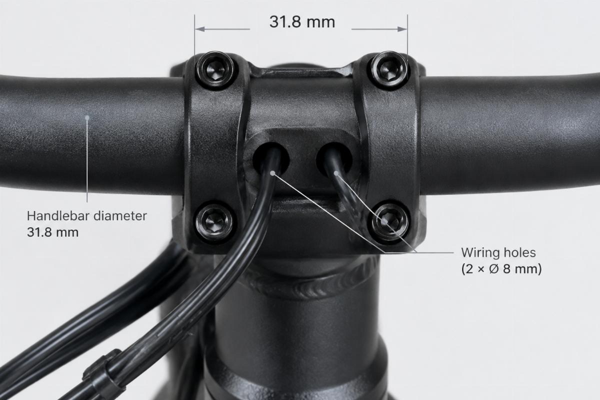 Close-up of handlebar clamp area showing diameter and wiring holes