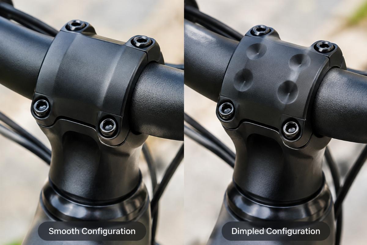 Close up of handlebar clamp area showing smooth and dimpled configuration options
