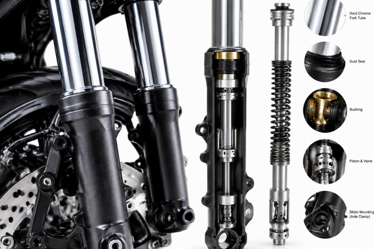 Close up of hard chrome fork tubes and sliders with internal components