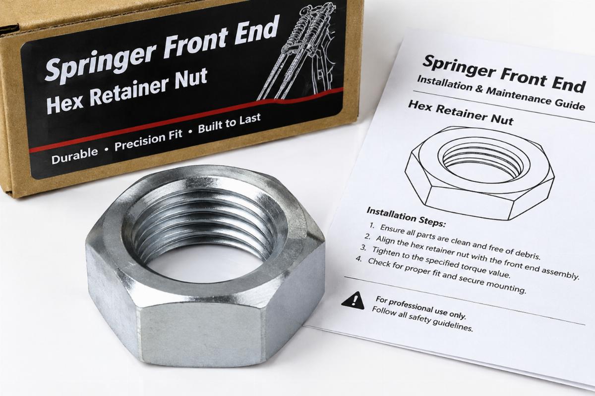 Close up of hex retainer nut for springer front ends packaging and documentation