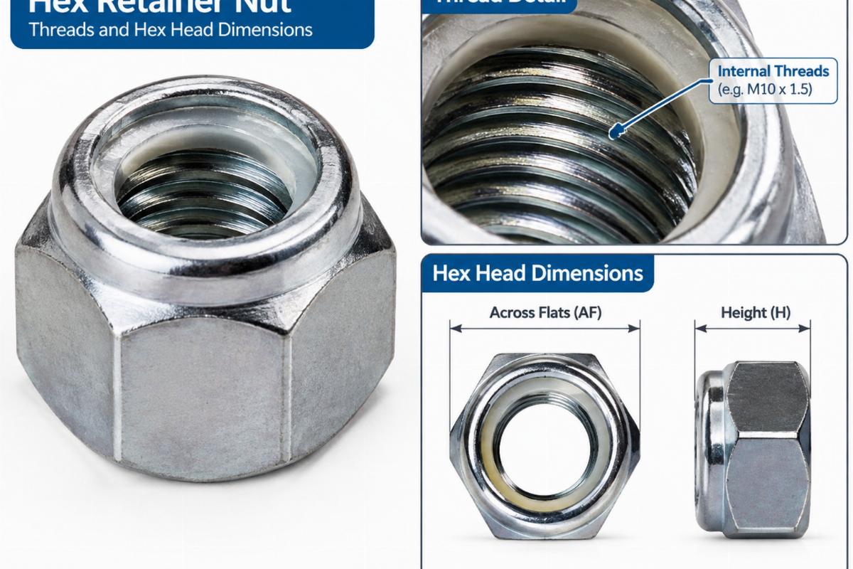 Close up of hex retainer nut threads and hex head dimensions