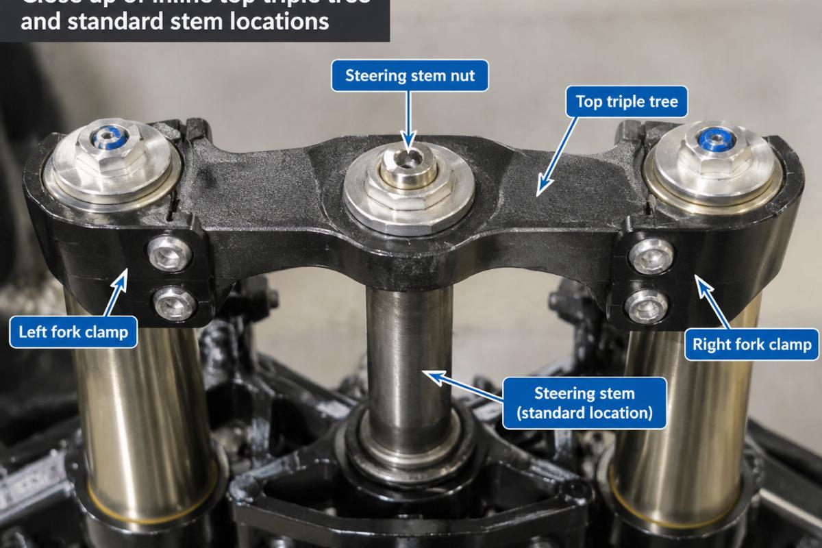 Close up of inline top triple tree and standard stem locations