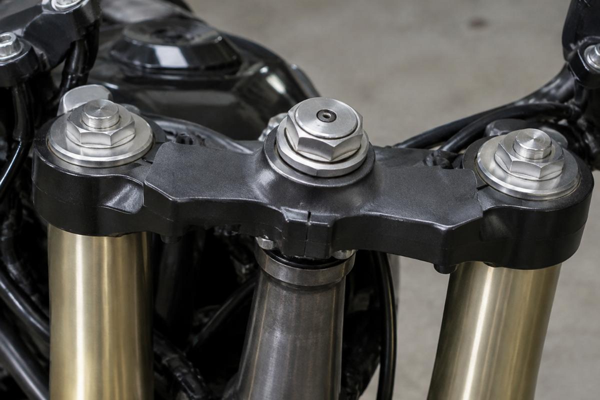 Close up of inline top triple tree and stem