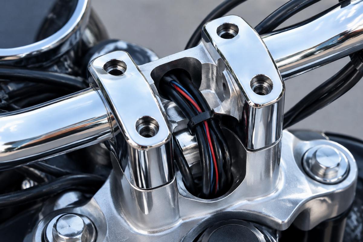 Close up of internal wiring drill holes and chrome finish on handlebar riser area