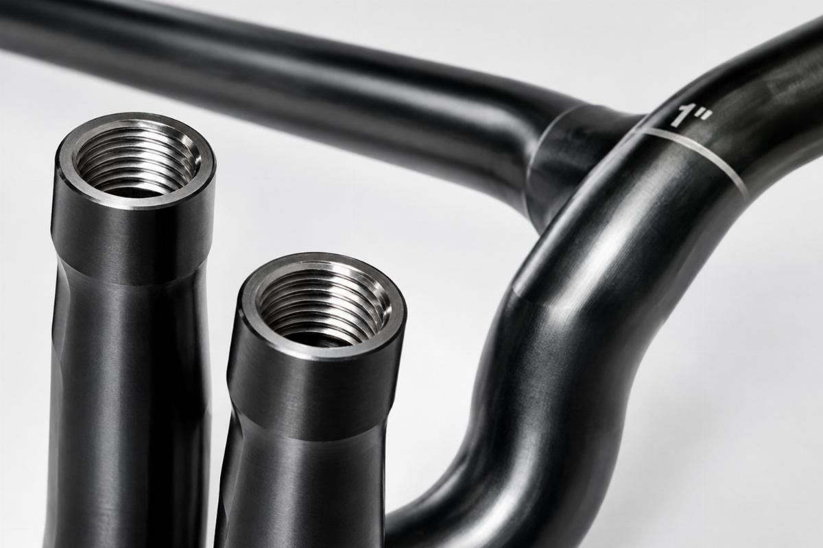Close up of internally threaded uprights and CNC-mandrel bends on 1 inch handlebar