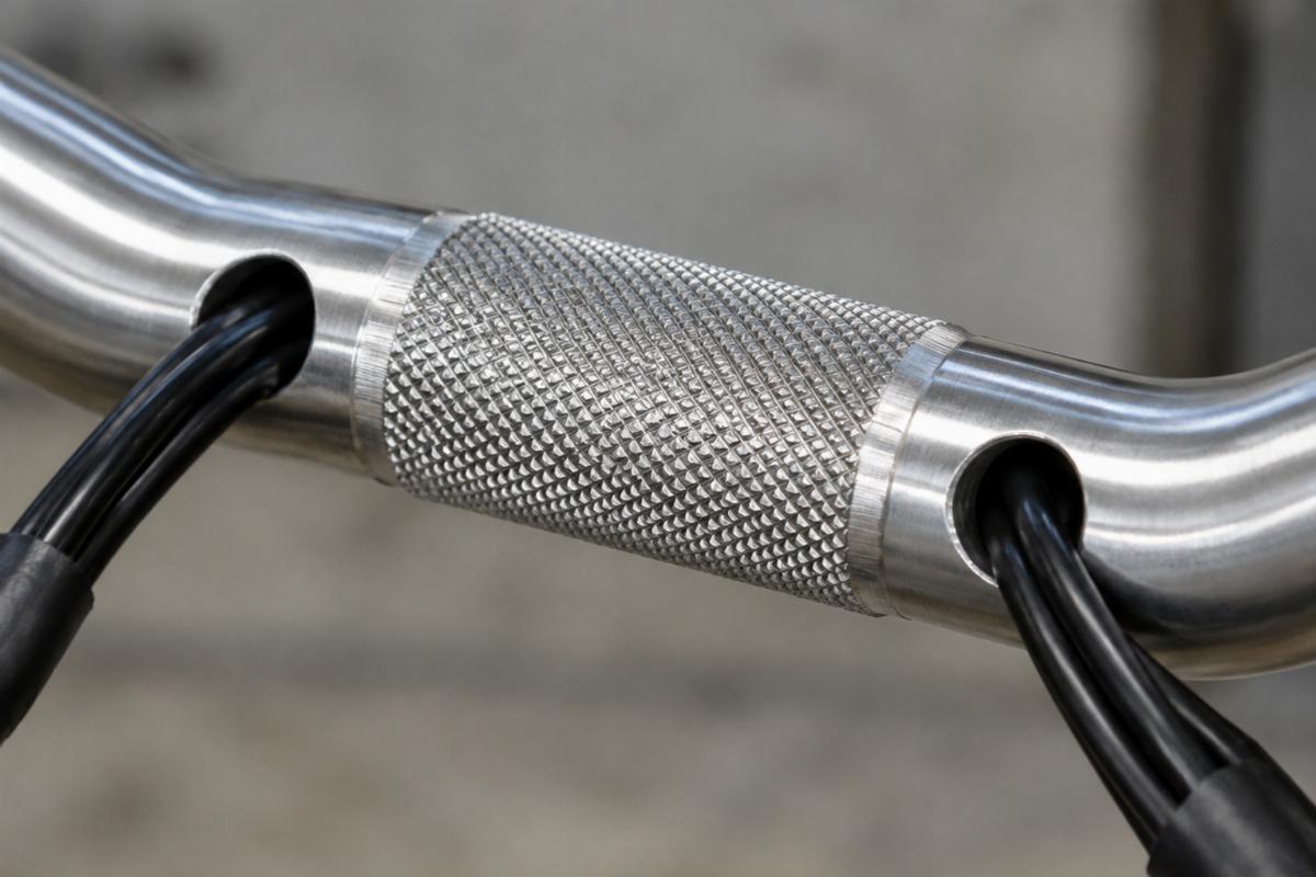 Close up of knurled center section and drilled wire harness holes on steel handlebars