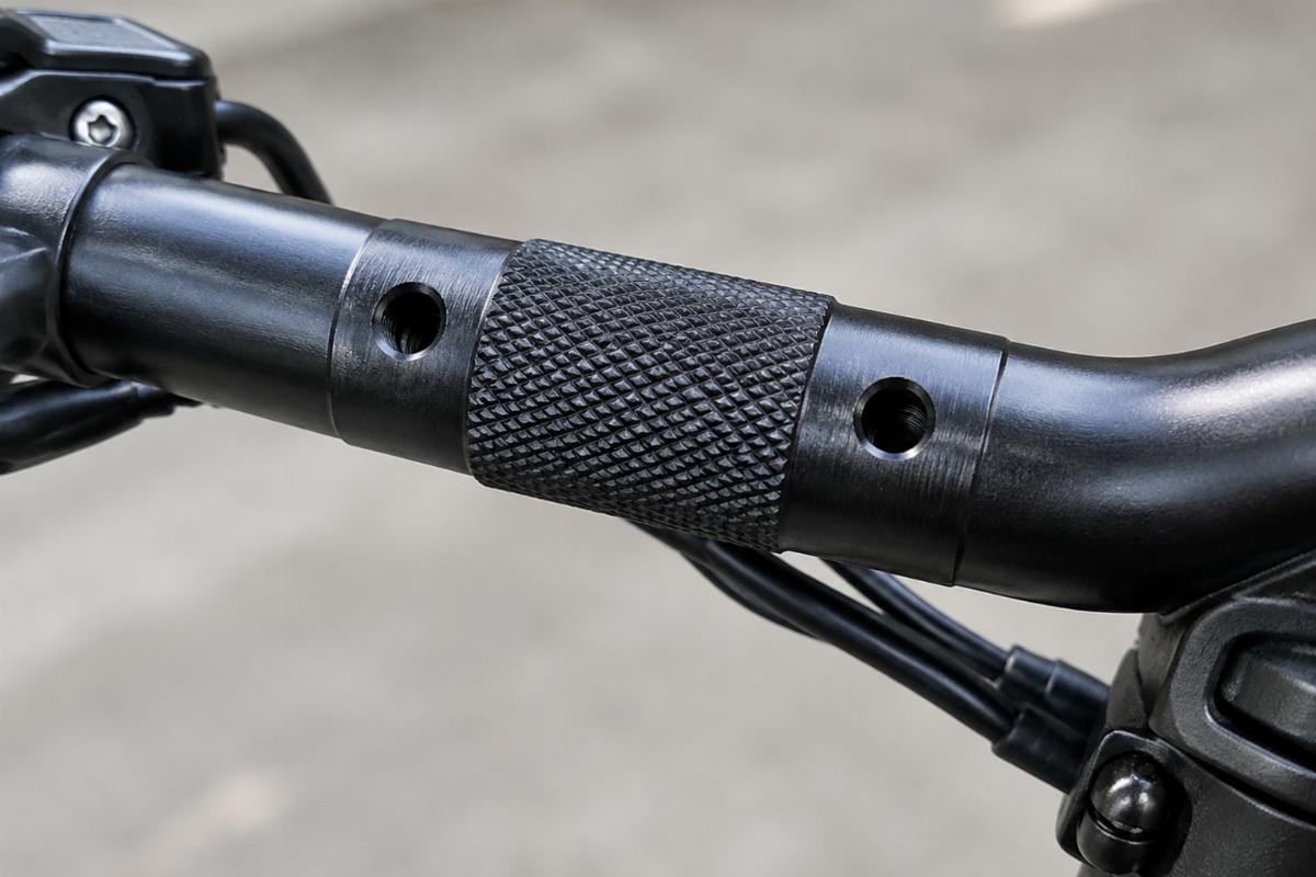 Close up of knurled center section and drilled wiring holes on handlebars
