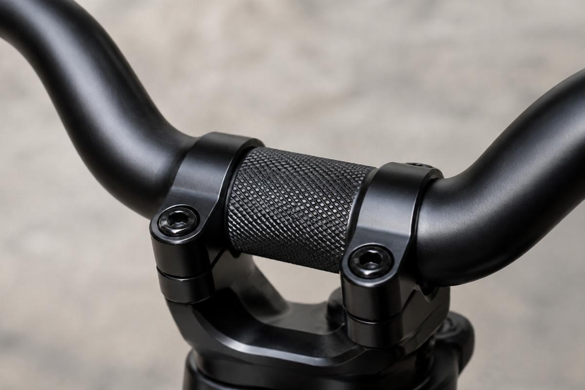 Close up of knurled riser area and black finish on 1-1/4 inch custom handlebars