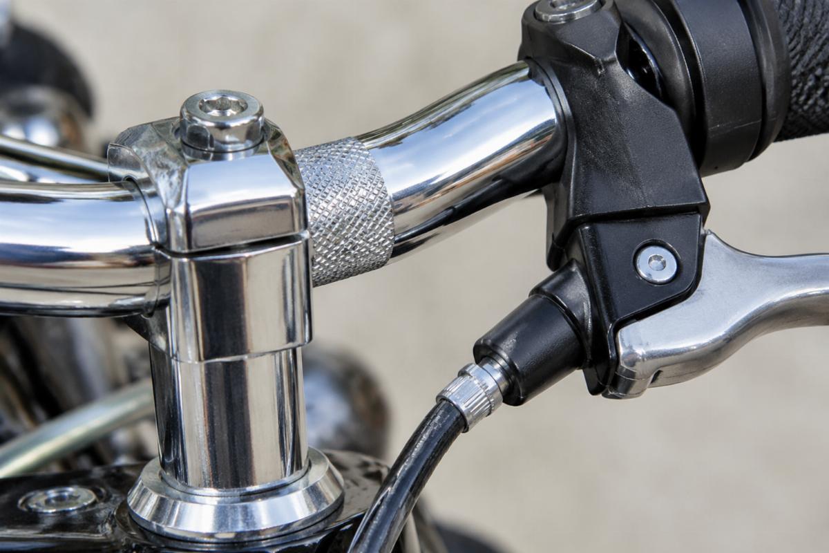 Close up of knurled riser area and brake side clearance on chrome steel handlebars