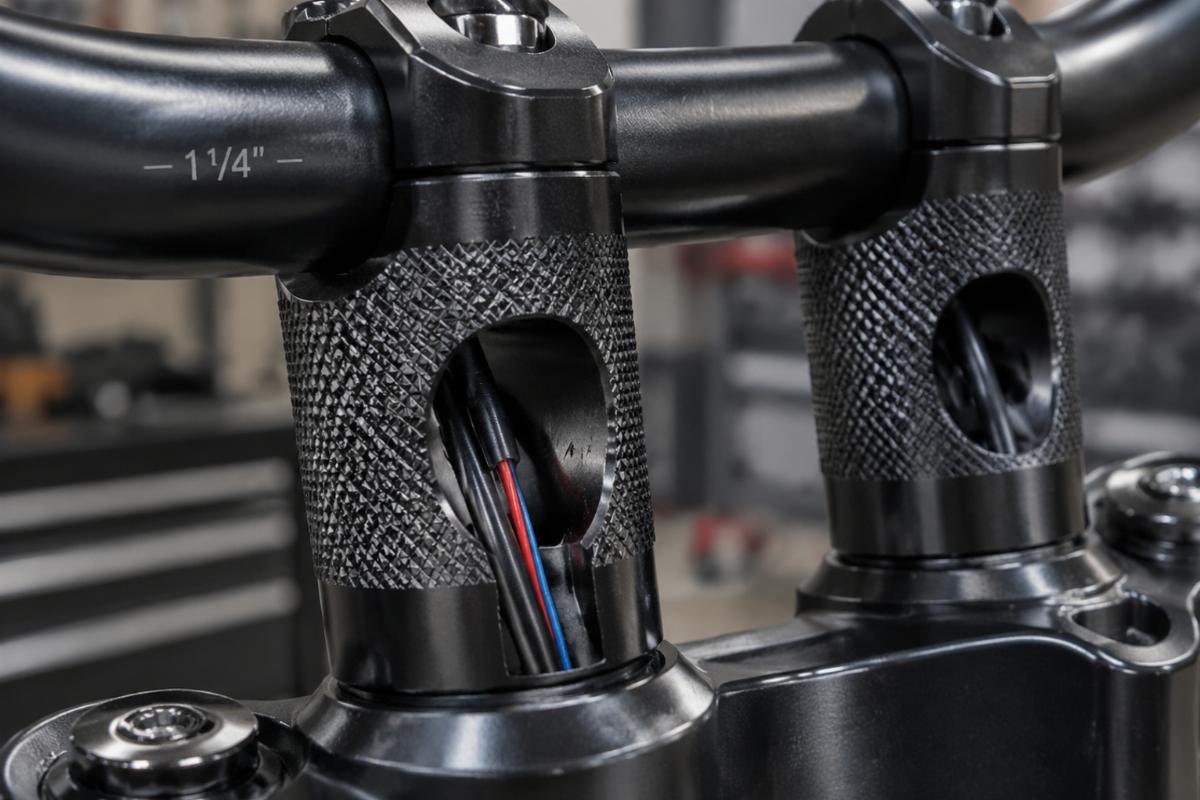 Close up of knurled riser area and drilled internal wiring on 1 1/4 inch handlebars