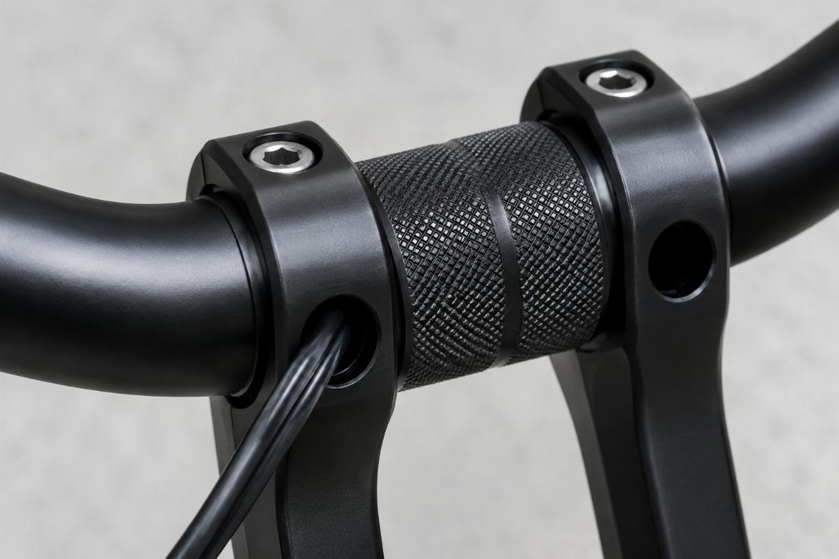 Close up of knurled riser area and drilled wiring holes on black drag bars