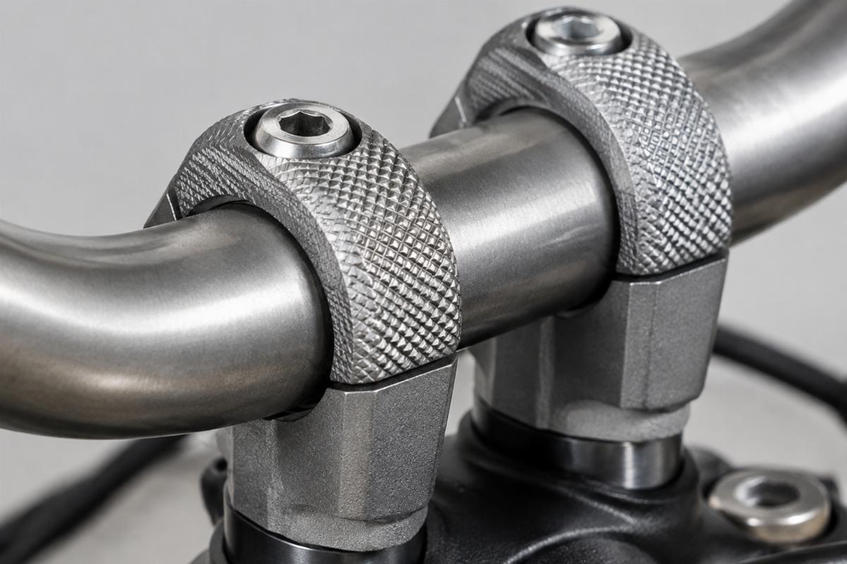 Close up of knurled riser clamp area on steel handlebar