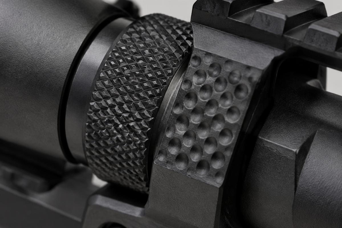 Close up of knurled riser mounting area and dimpled sections