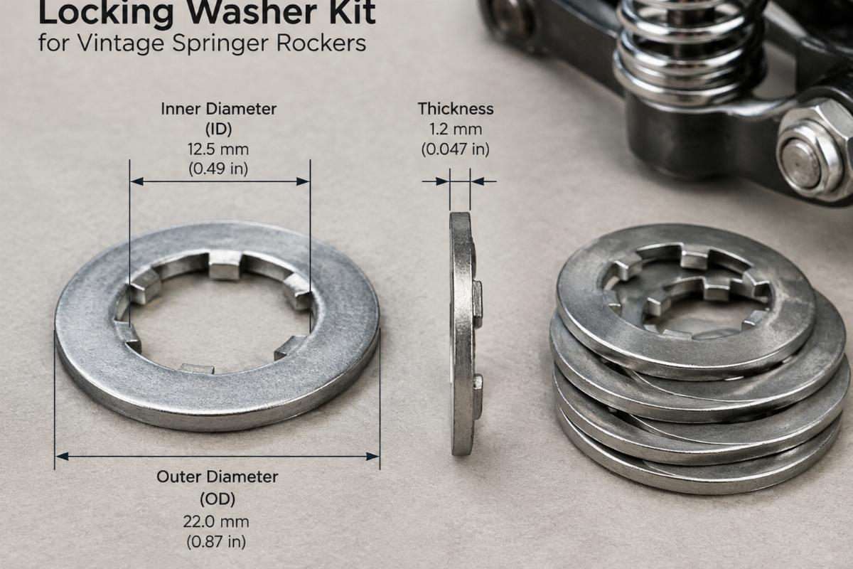 Close up of locking washer kit for vintage springer rockers showing thickness and inner diameter