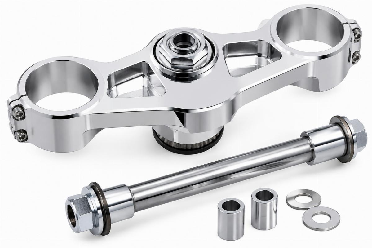 Close-up of machined chrome top triple tree and 3/4" axle assembly included in the kit