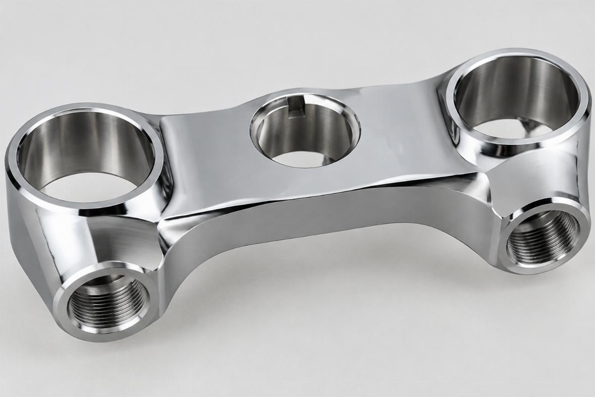 Close up of machined chrome top triple tree without ears and 1/2 x 20 fork leg threads