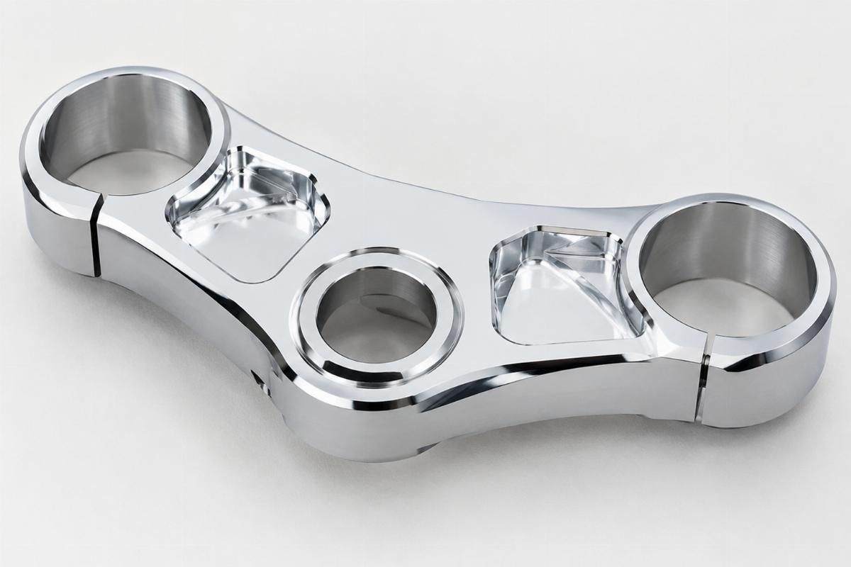 Close-up of machined chrome top triple tree without ears and post riser stud