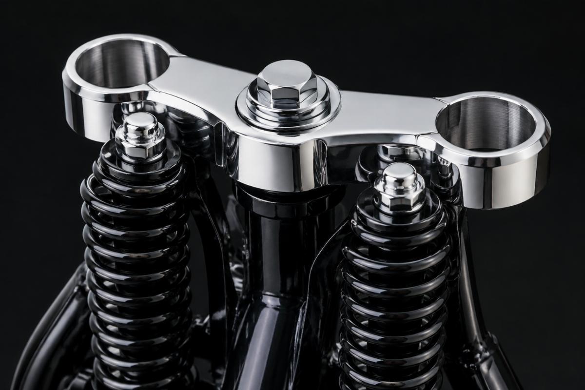 Close-up of machined chrome top triple tree without ears on black springer fork