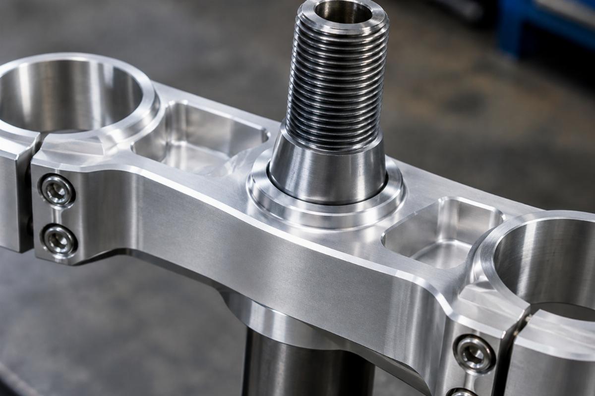Close up of machined triple tree and 1/2 x 20 leg threads