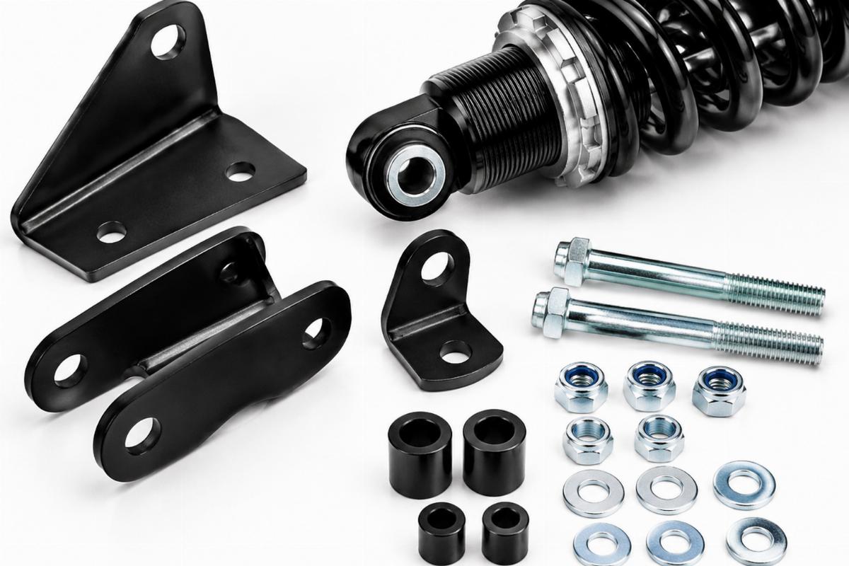 Close up of mounting hardware and brackets included with the shock assembly