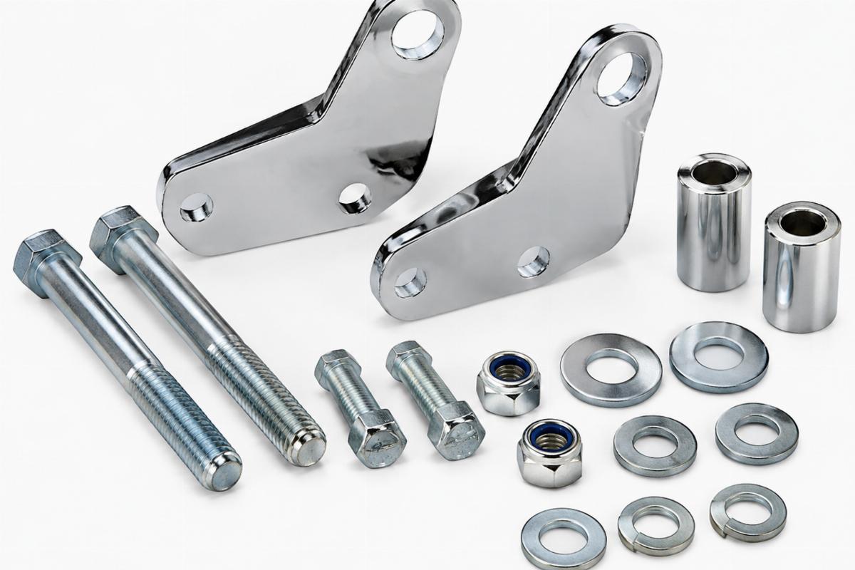 Close up of mounting hardware included in the chrome springer ride control shock kit