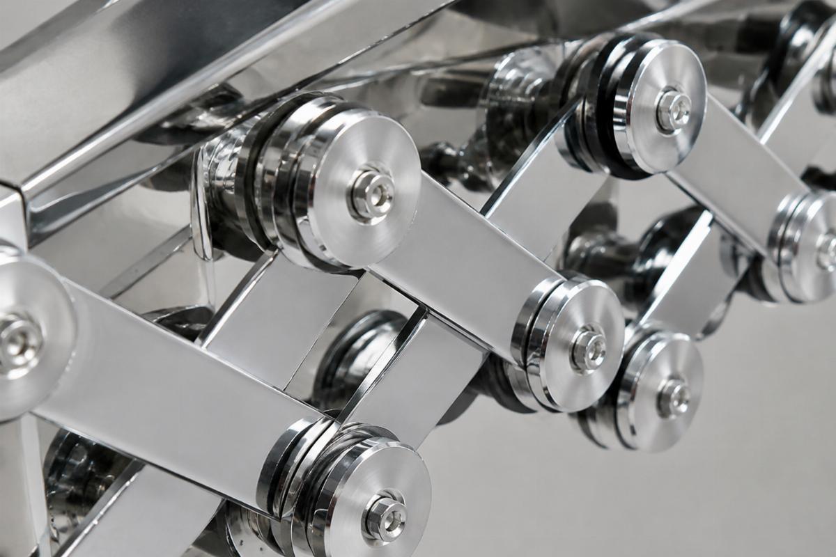 Close up of multi disc scissor style mechanism and chrome finish