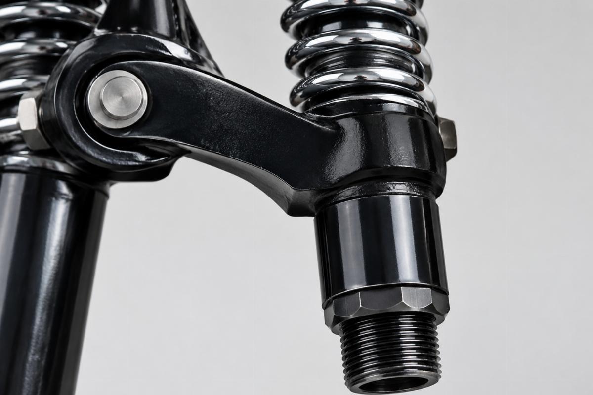 Close-up of offset left rocker and 3/4"-18 leg thread on custom springer fork