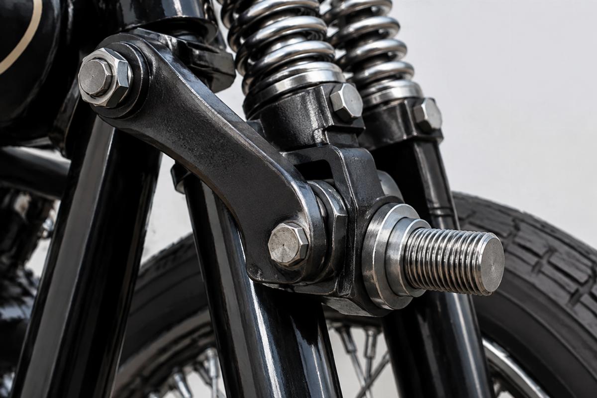 Close up of offset left side rocker and 3/4 inch axle thread on springer fork