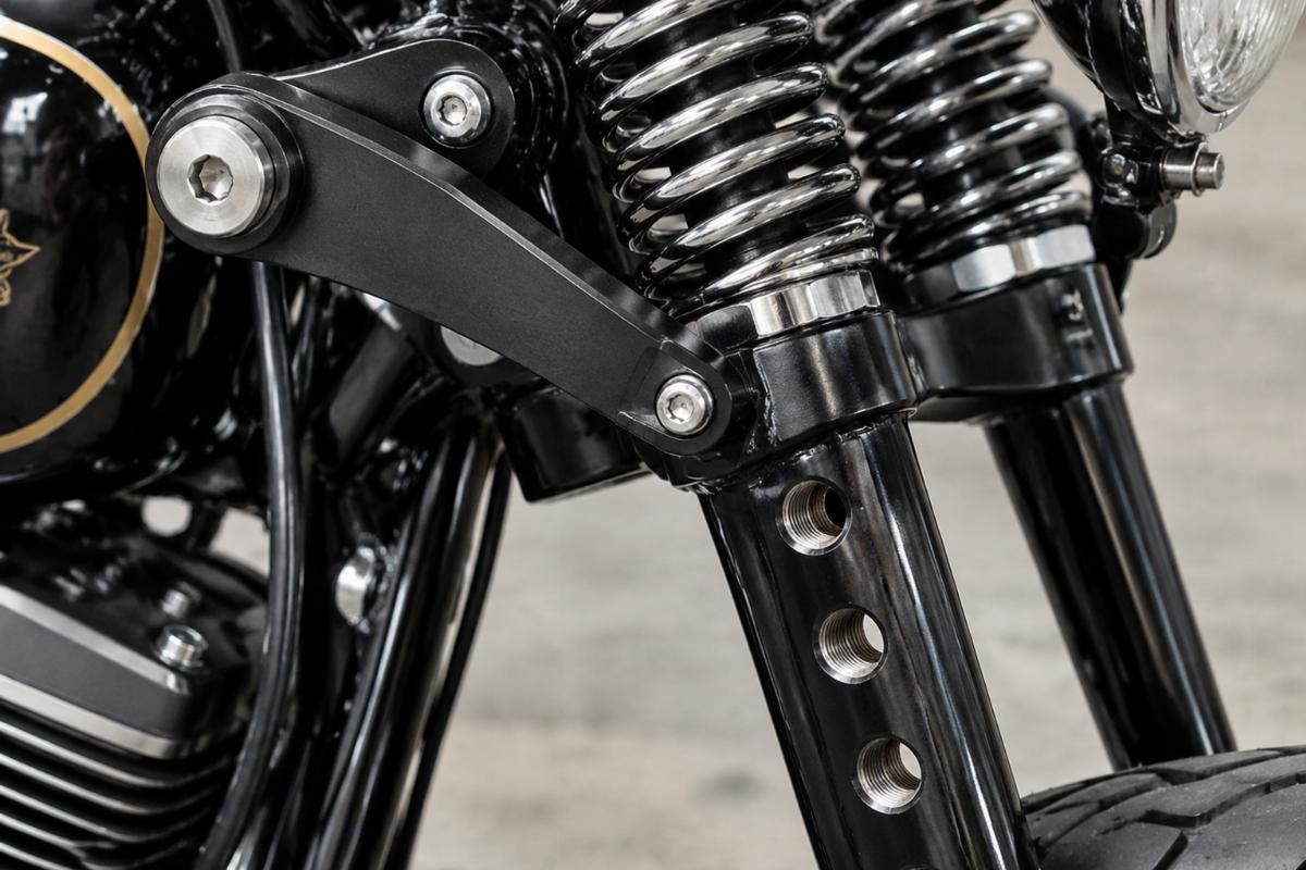 Close up of offset left side rocker and drilled leg threads on springer fork