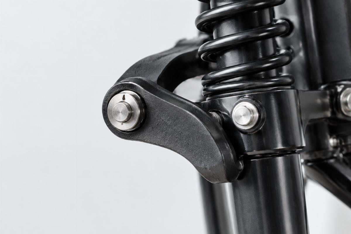 Close up of offset left side rocker on narrow spring fork assembly