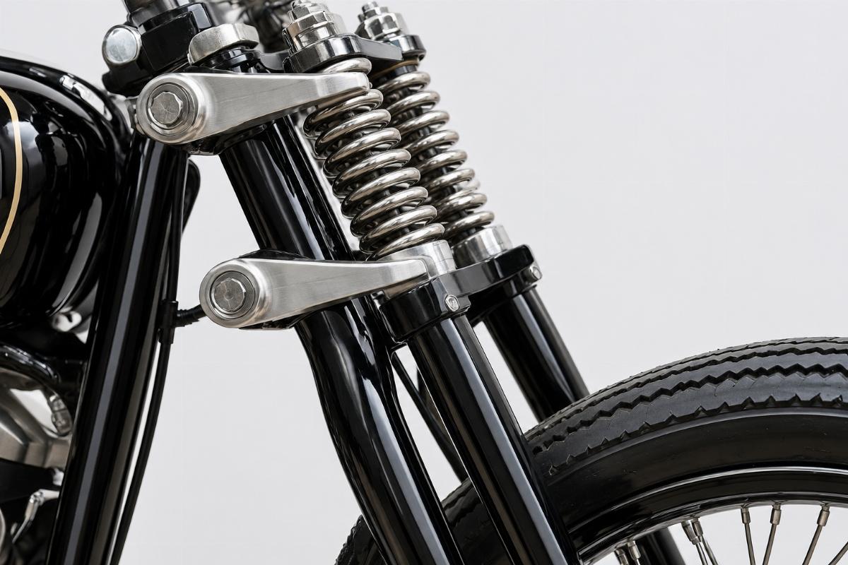 Close up of offset outside mount rockers and oval back tubing on springer fork