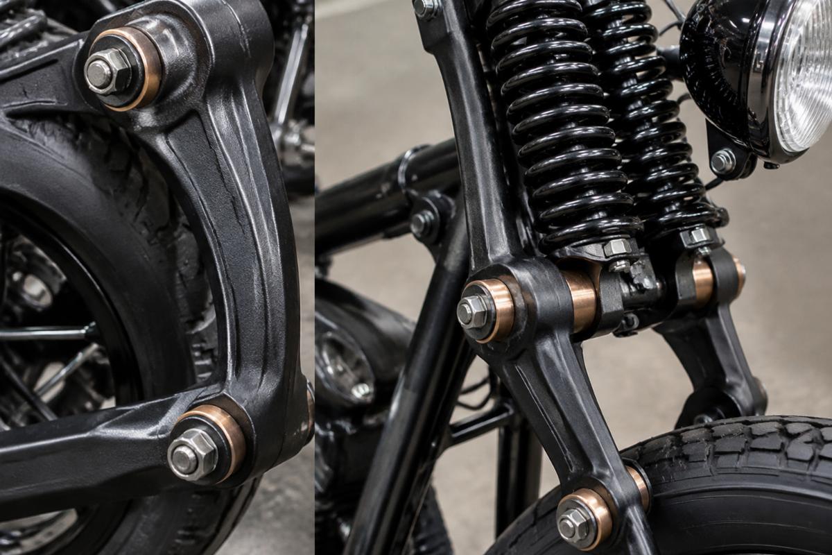 Close up of one piece forged rear legs and bronze rocker bushings on black powder coated springer front end
