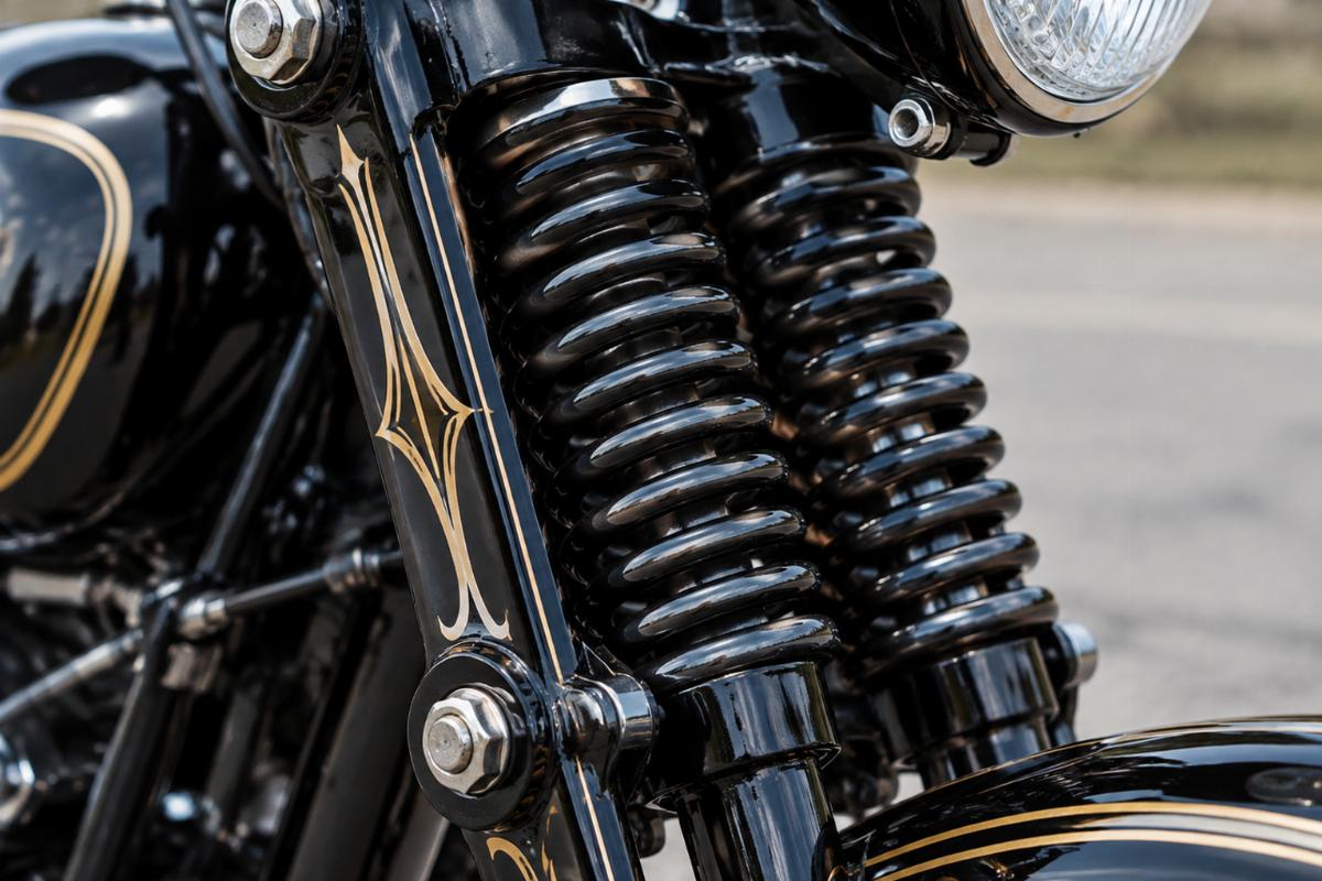 Close up of painted markings and black finish on springer fork shock
