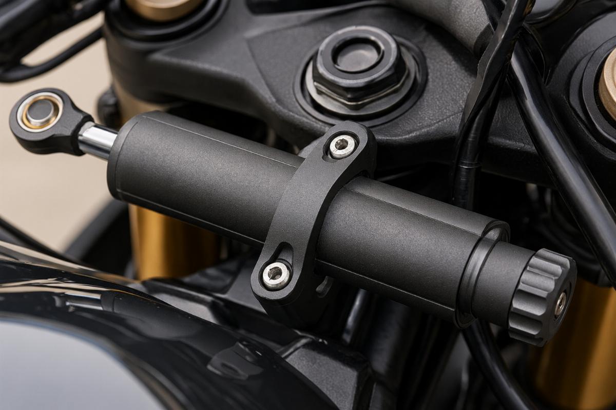 Close up of parkerized finish on spring fork steering damper motorcycle aftermarket unit