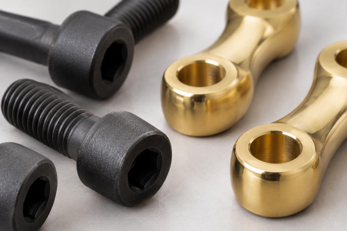 Close up of parkerized pinch bolts and polished brass dog bone risers