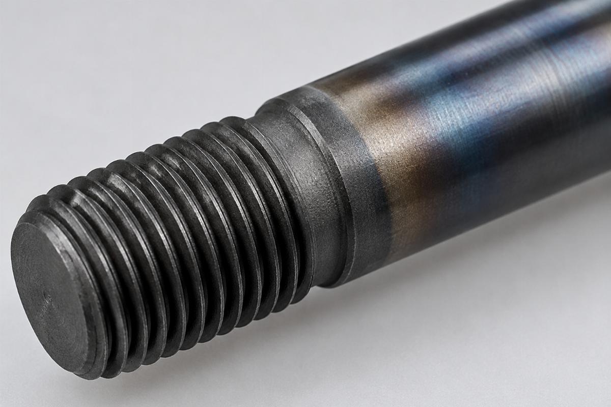 Close up of parkerized spring rod threads and heat treated surface