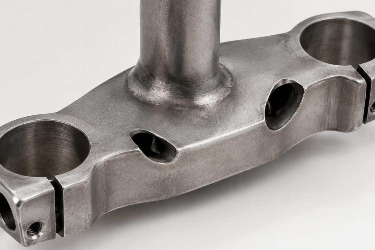 Close up of raw finish inline triple tree for springer fork cable exit holes