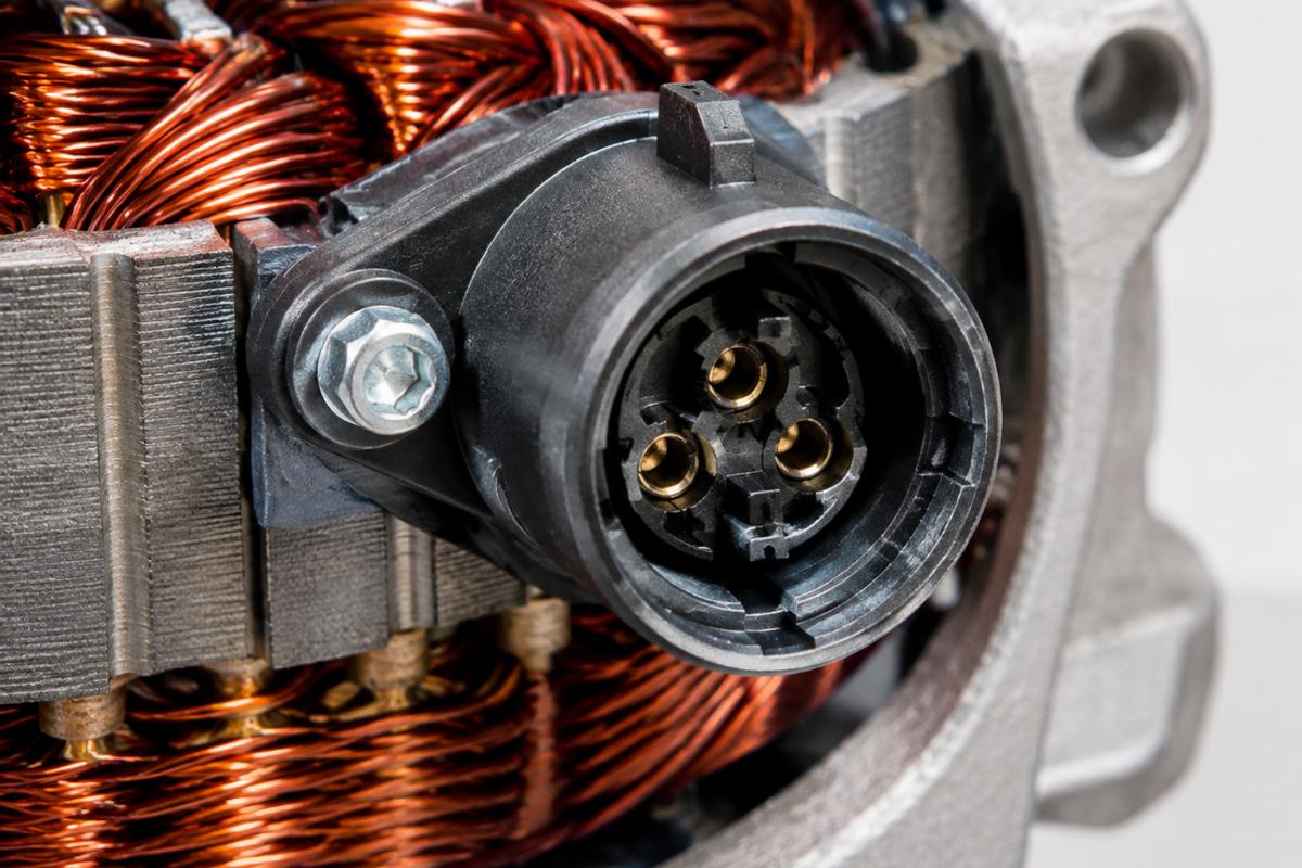 Close up of round female plug connector on the alternator stator