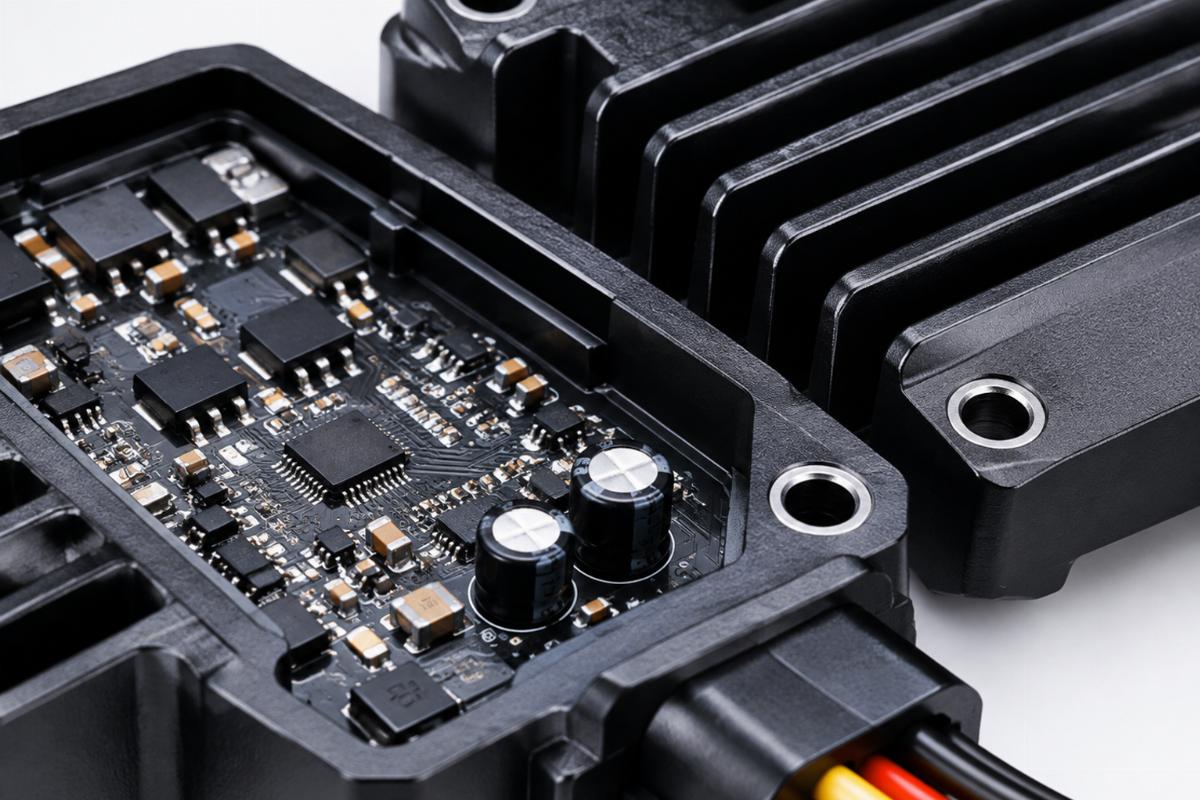 Close up of solid state circuitry and black anodized finish on the regulator housing