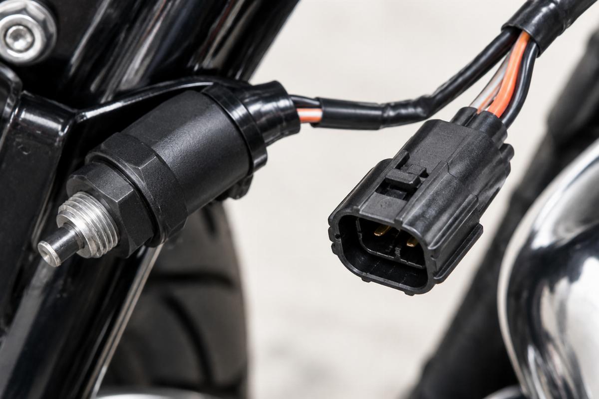 Close-up of speedometer sensor for big twin fxd connector plug and wiring