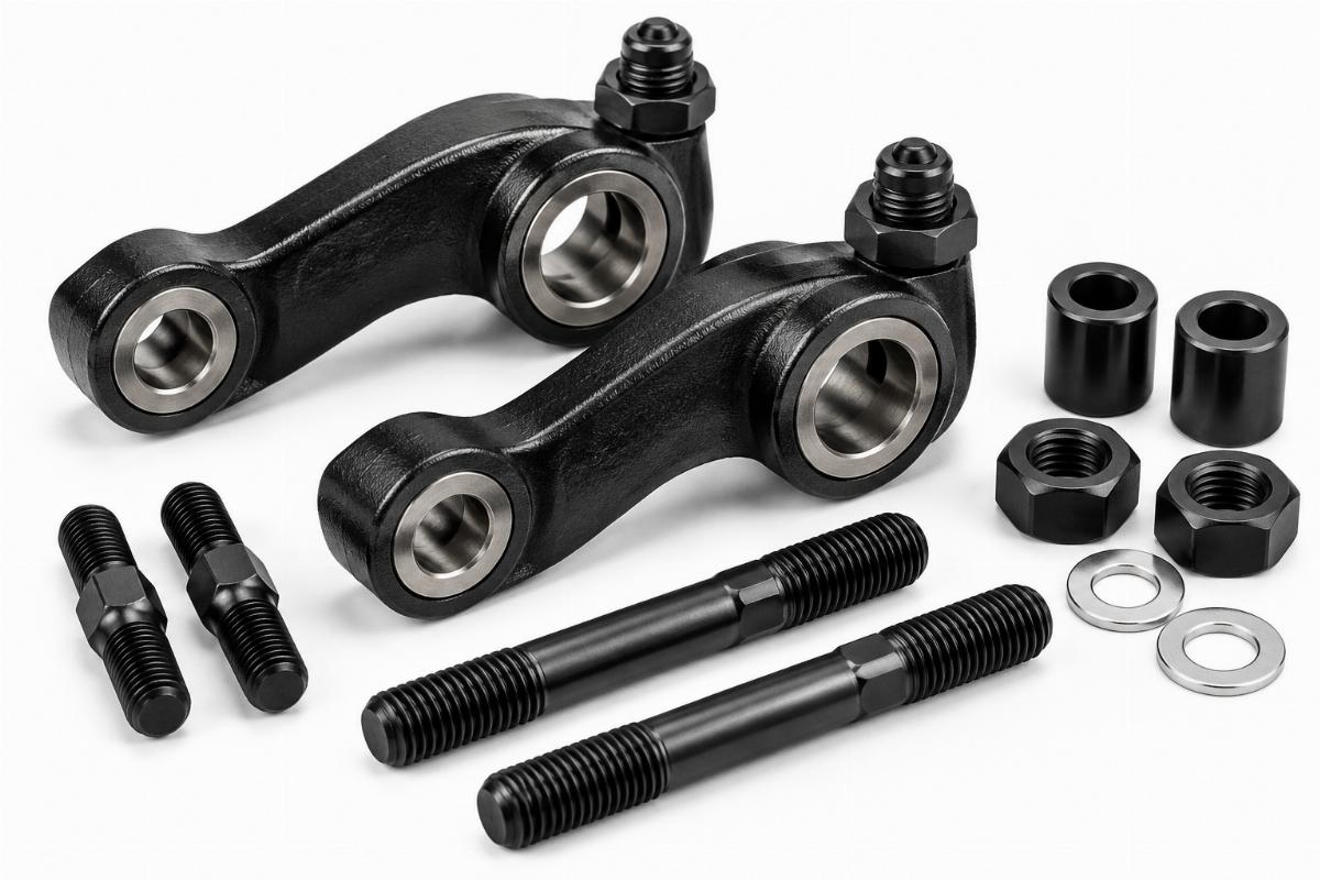 Close-up of spring fork rocker kit hardware and studs