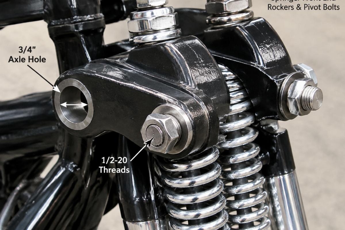 Close-up of springer front end rockers and pivot bolts showing 3/4" axle hole and 1/2-20 threads