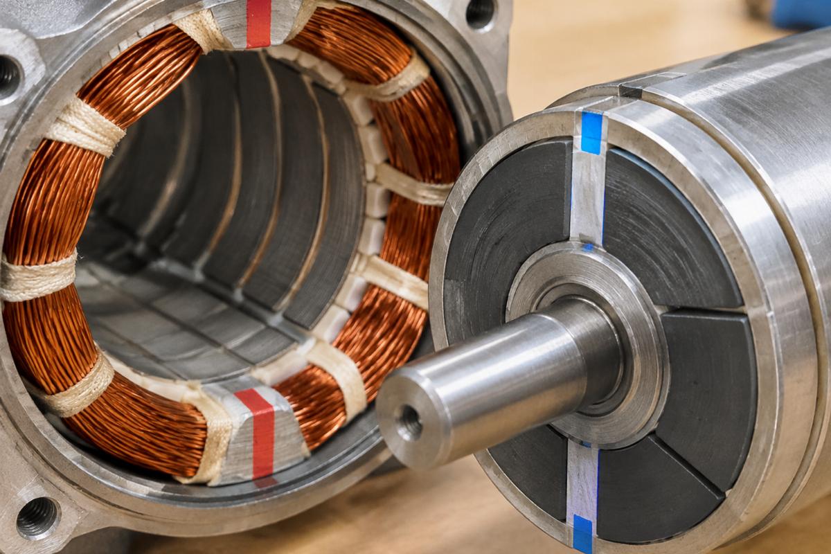 Close-up of stator windings and rotor magnets showing alignment markers