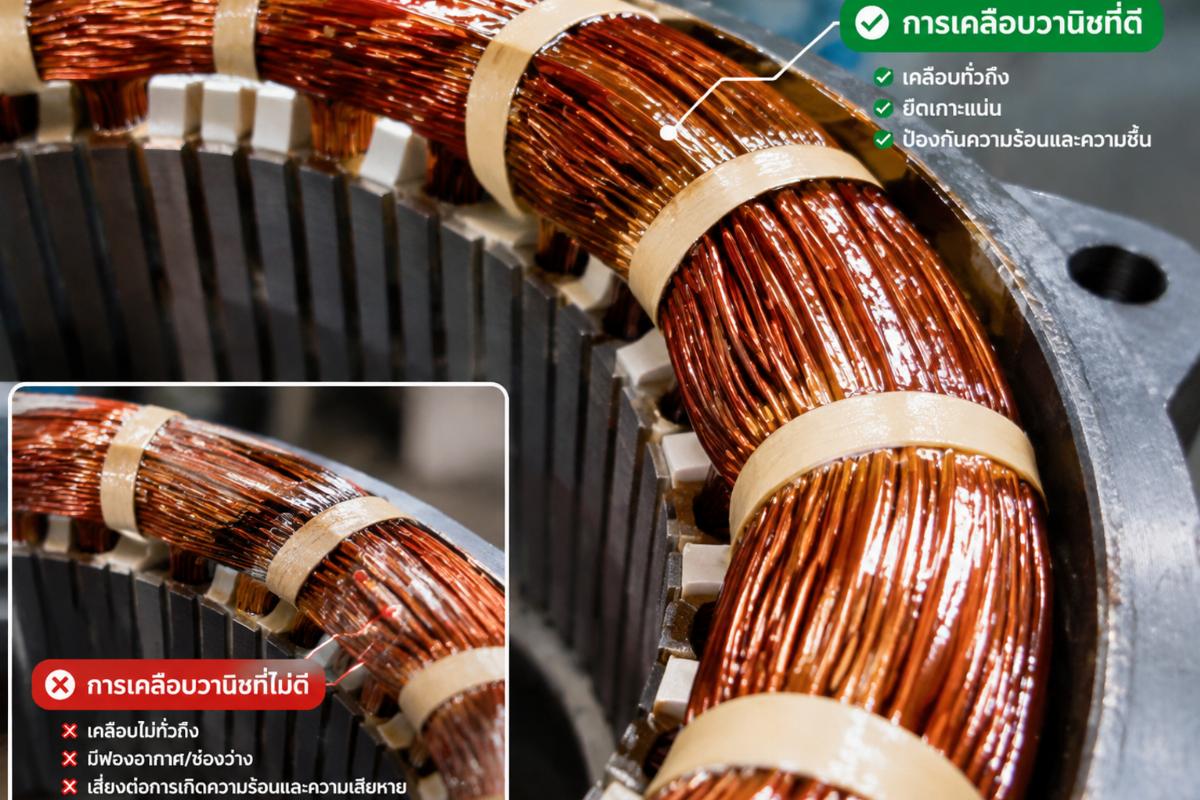 Close-up of stator windings showing varnish impregnation quality