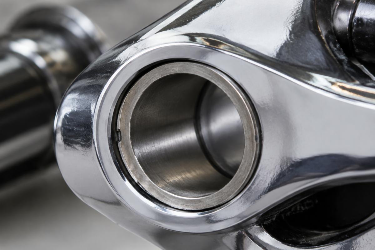 Close-up of steel bushing inside the chrome rocker arm