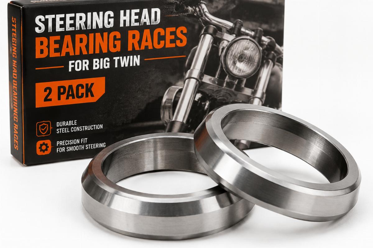 Close up of steering head bearing races for big twin 2 pack packaging