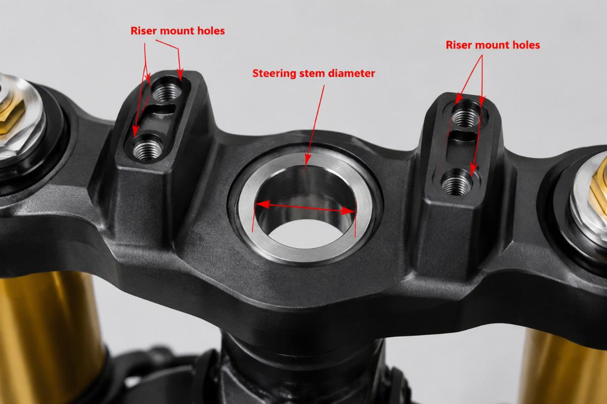 Close up of steering stem diameter and riser mount holes on the top triple clamp